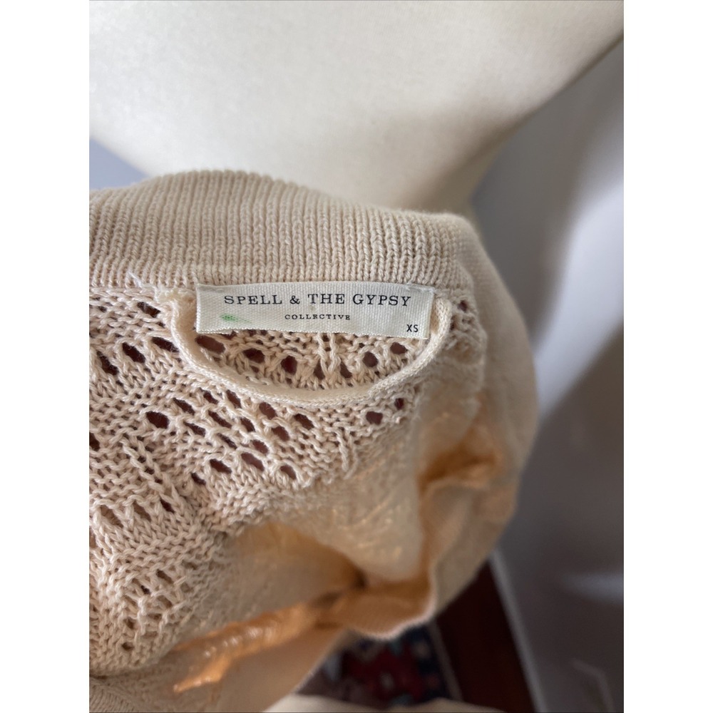 SPELL Road To Paradise Crochet Knit Mini Dress (Sz XS) Long Sleeve Belted Wheat - Picture 9 of 10